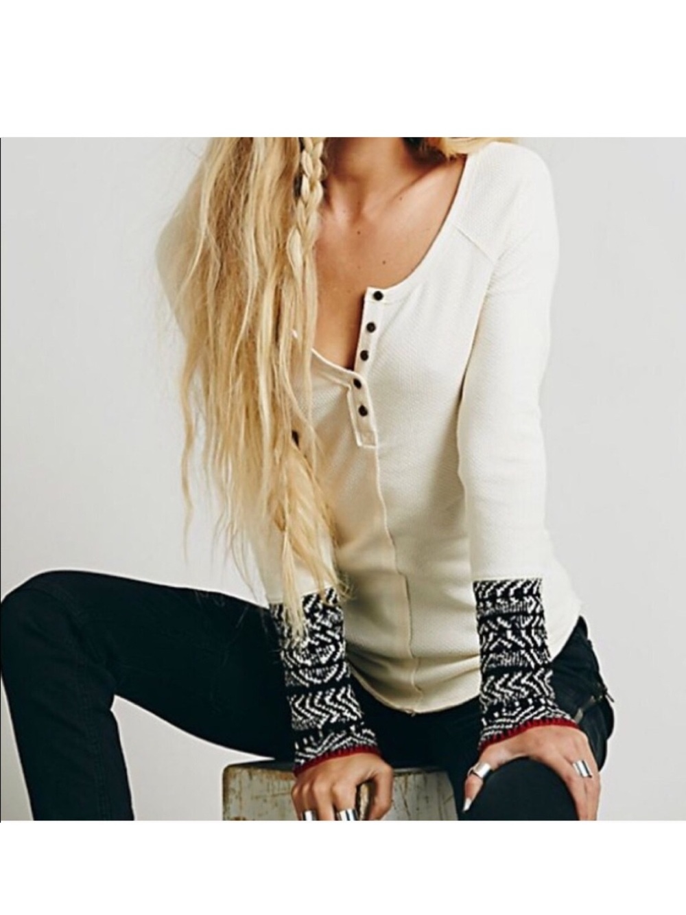 Free People Alpine Cuffs Waffle Knit Henley Top Ivory Sz M Bella Elena Boho Y2K